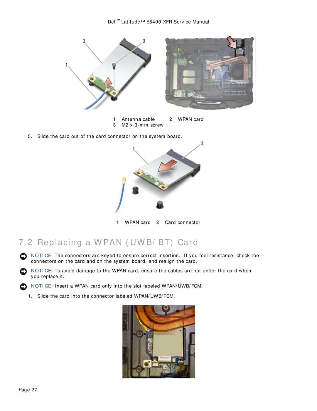 Dell E6400 XFR service manual Replacing a Wpan UWB/BT Card 