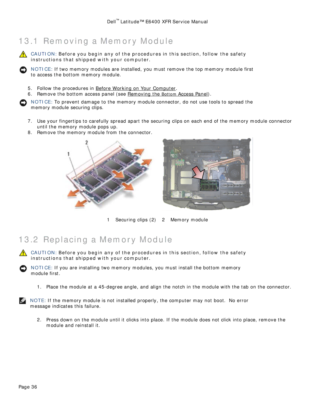 Dell E6400 XFR service manual Removing a Memory Module, Replacing a Memory Module 