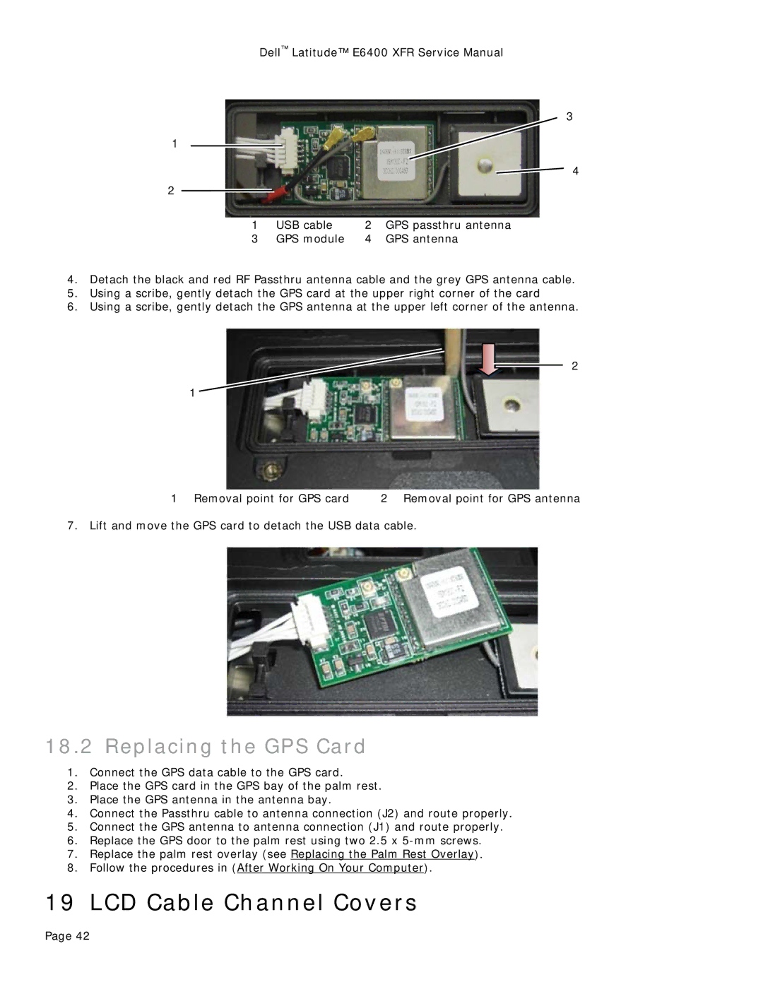 Dell E6400 XFR service manual LCD Cable Channel Covers, Replacing the GPS Card 