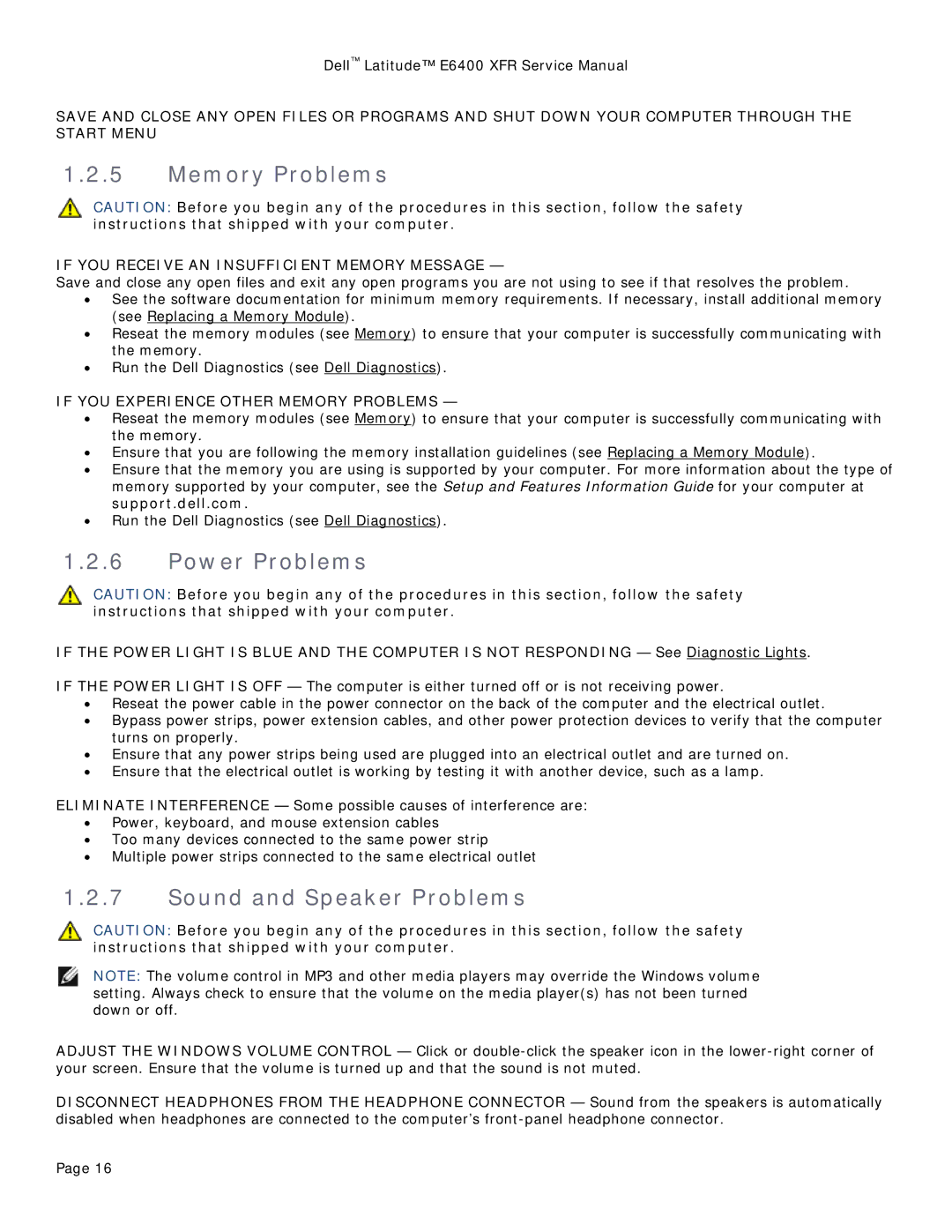 Dell E6400 XFR service manual Memory Problems, Power Problems, Sound and Speaker Problems 