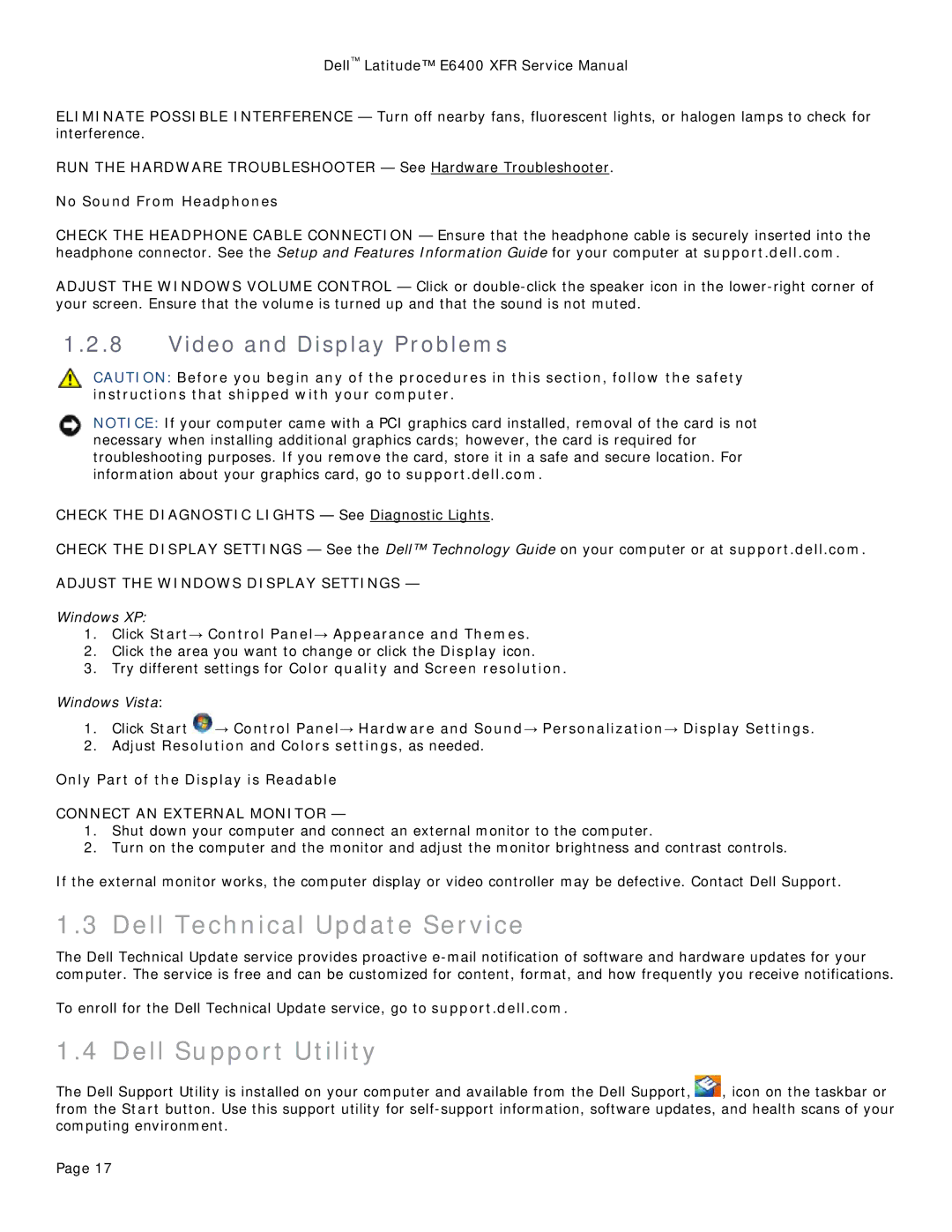 Dell E6400 XFR service manual Dell Technical Update Service, Dell Support Utility, Video and Display Problems 