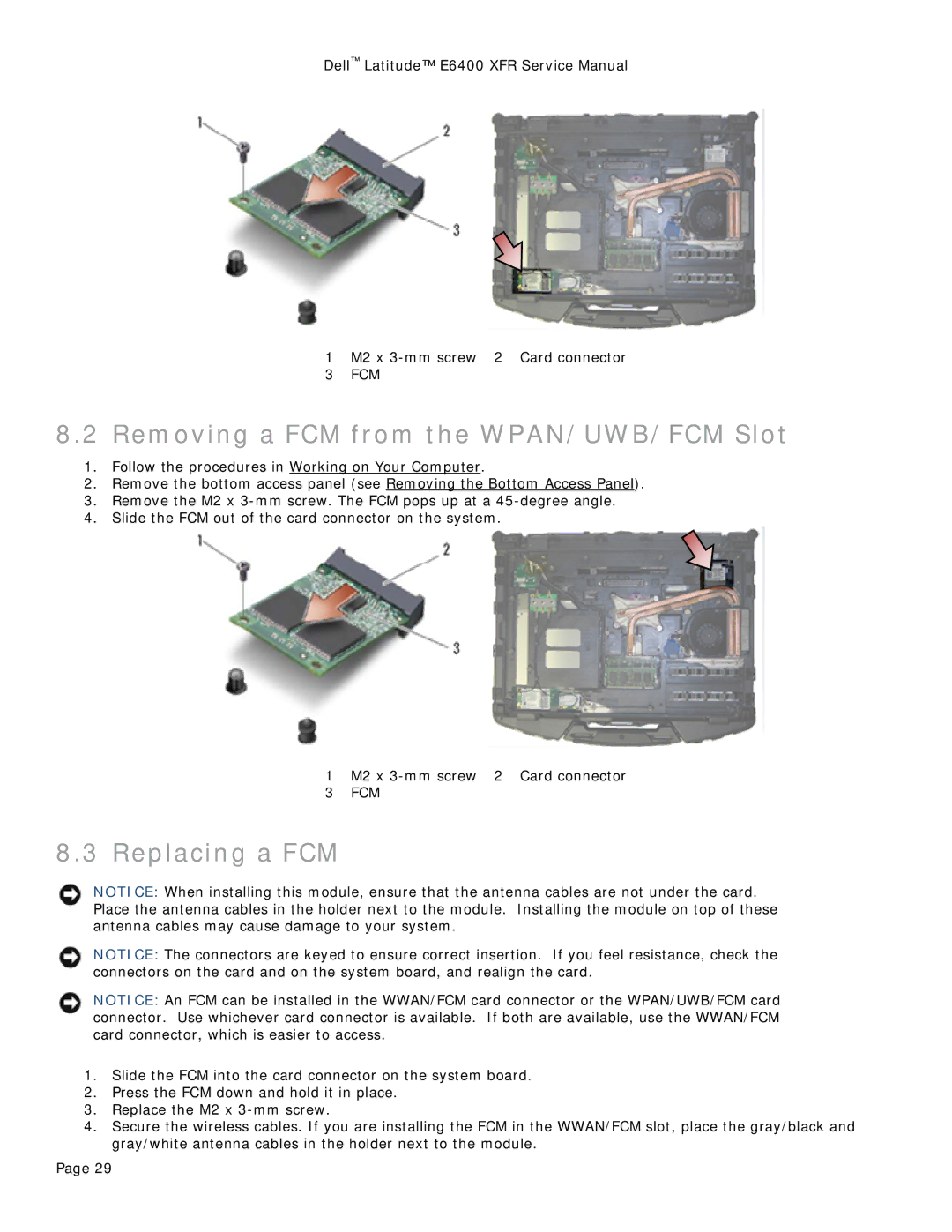 Dell E6400 XFR service manual Removing a FCM from the WPAN/UWB/FCM Slot, Replacing a FCM 