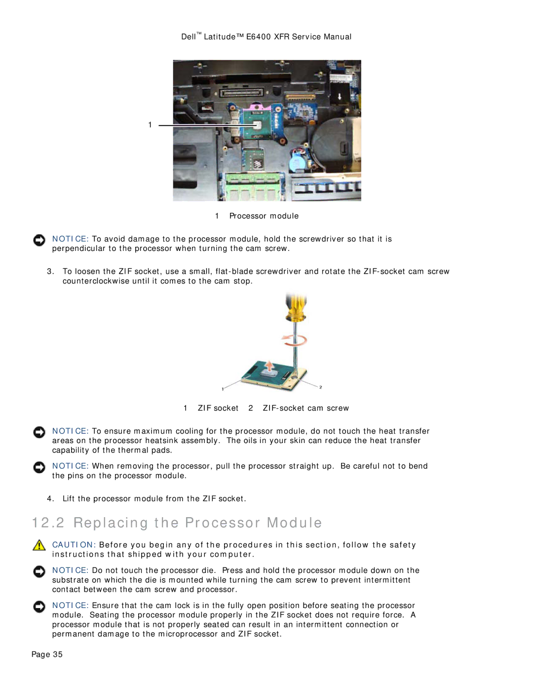 Dell E6400 XFR service manual Replacing the Processor Module 