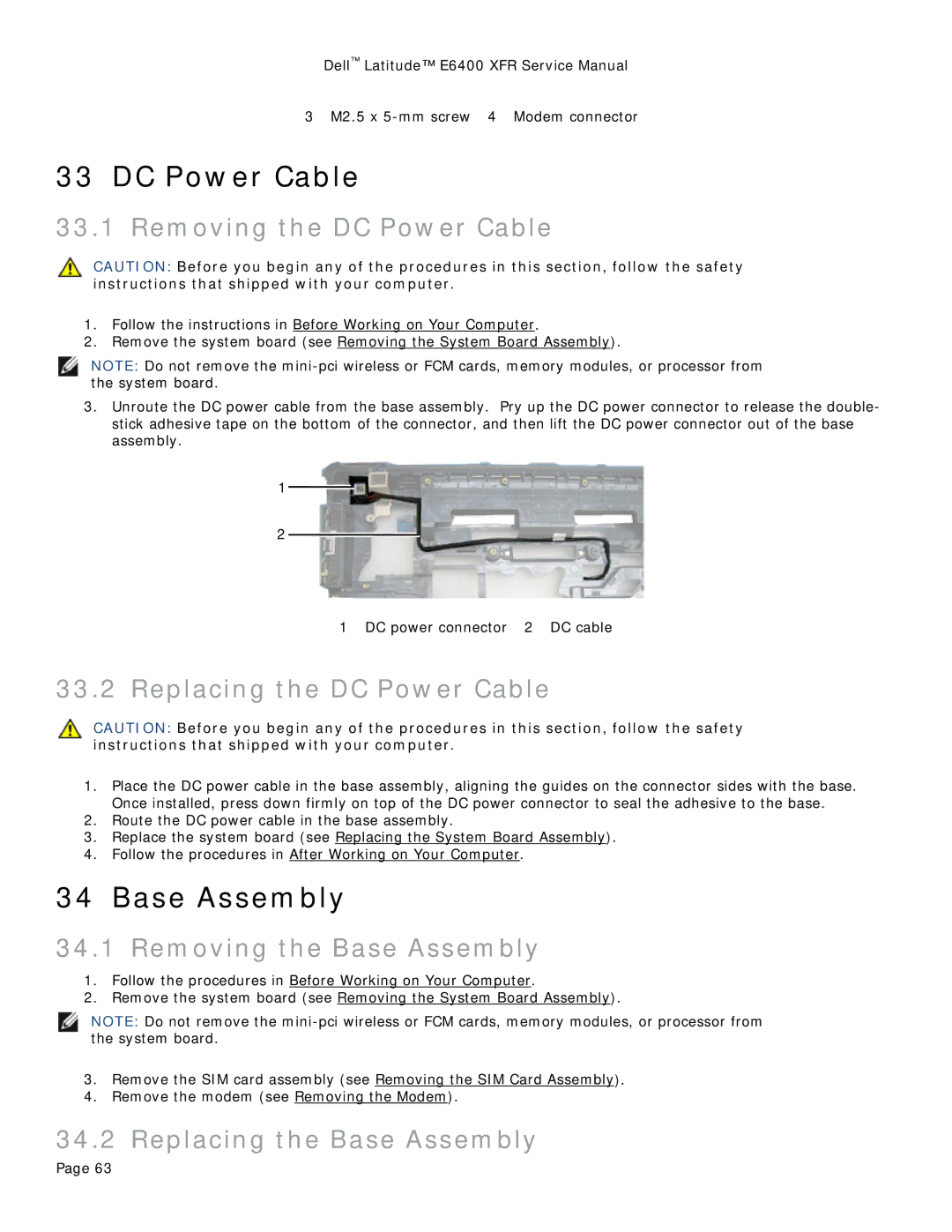 Dell E6400 XFR service manual DC Power Cable, Base Assembly 