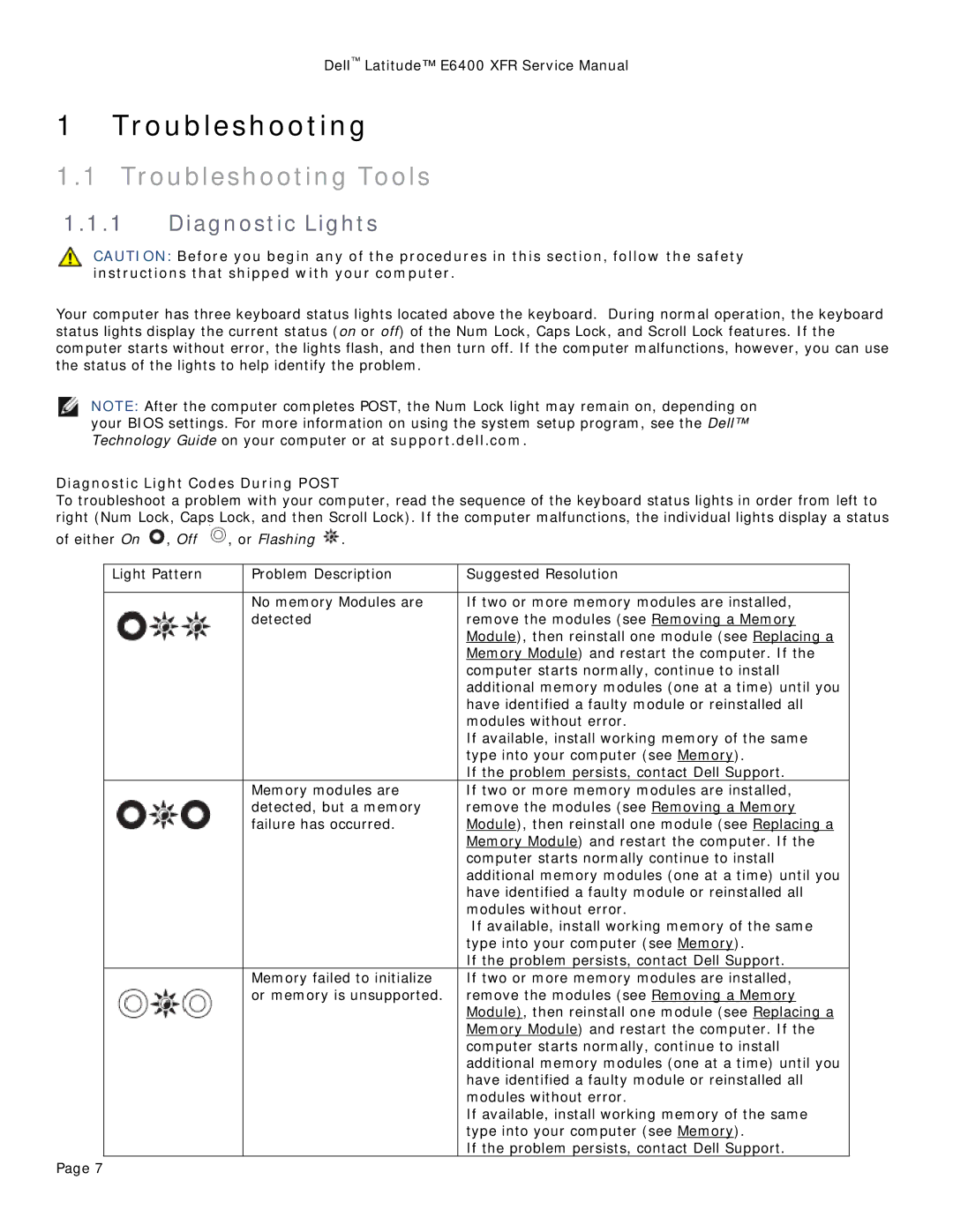 Dell E6400 XFR service manual Troubleshooting Tools, Diagnostic Lights, Diagnostic Light Codes During Post 