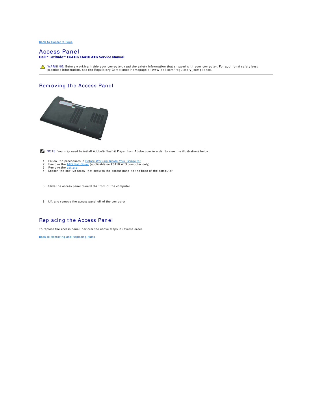 Dell E6410ATG specifications Removing the Access Panel, Replacing the Access Panel 