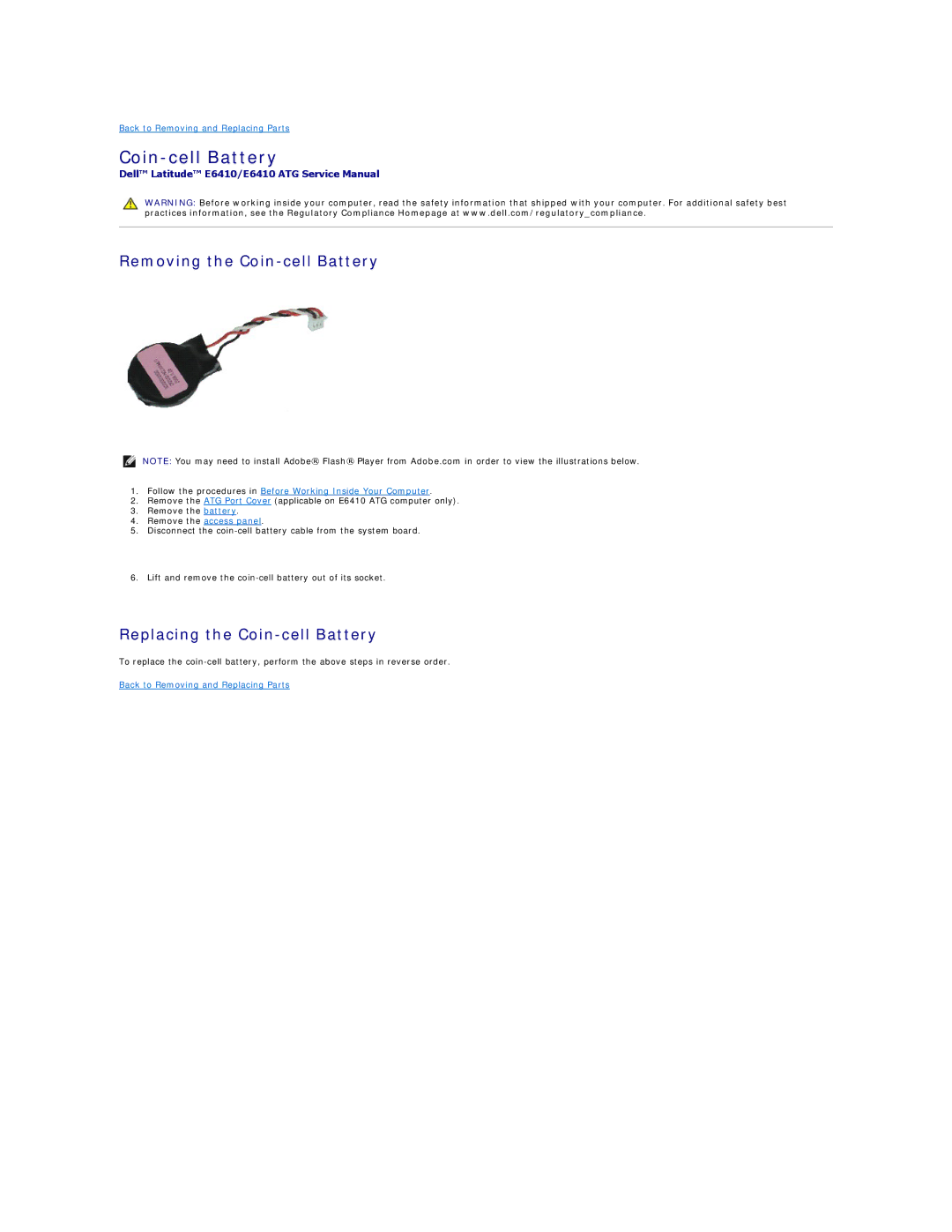 Dell E6410ATG specifications Removing the Coin-cell Battery, Replacing the Coin-cell Battery 