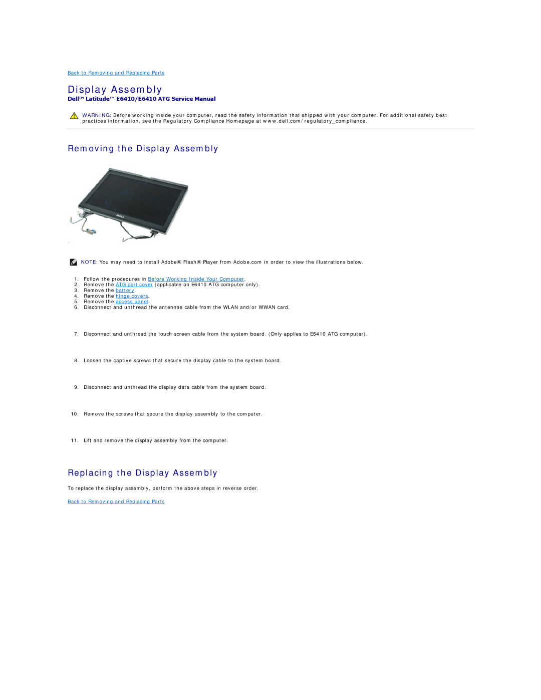 Dell E6410ATG specifications Removing the Display Assembly, Replacing the Display Assembly 