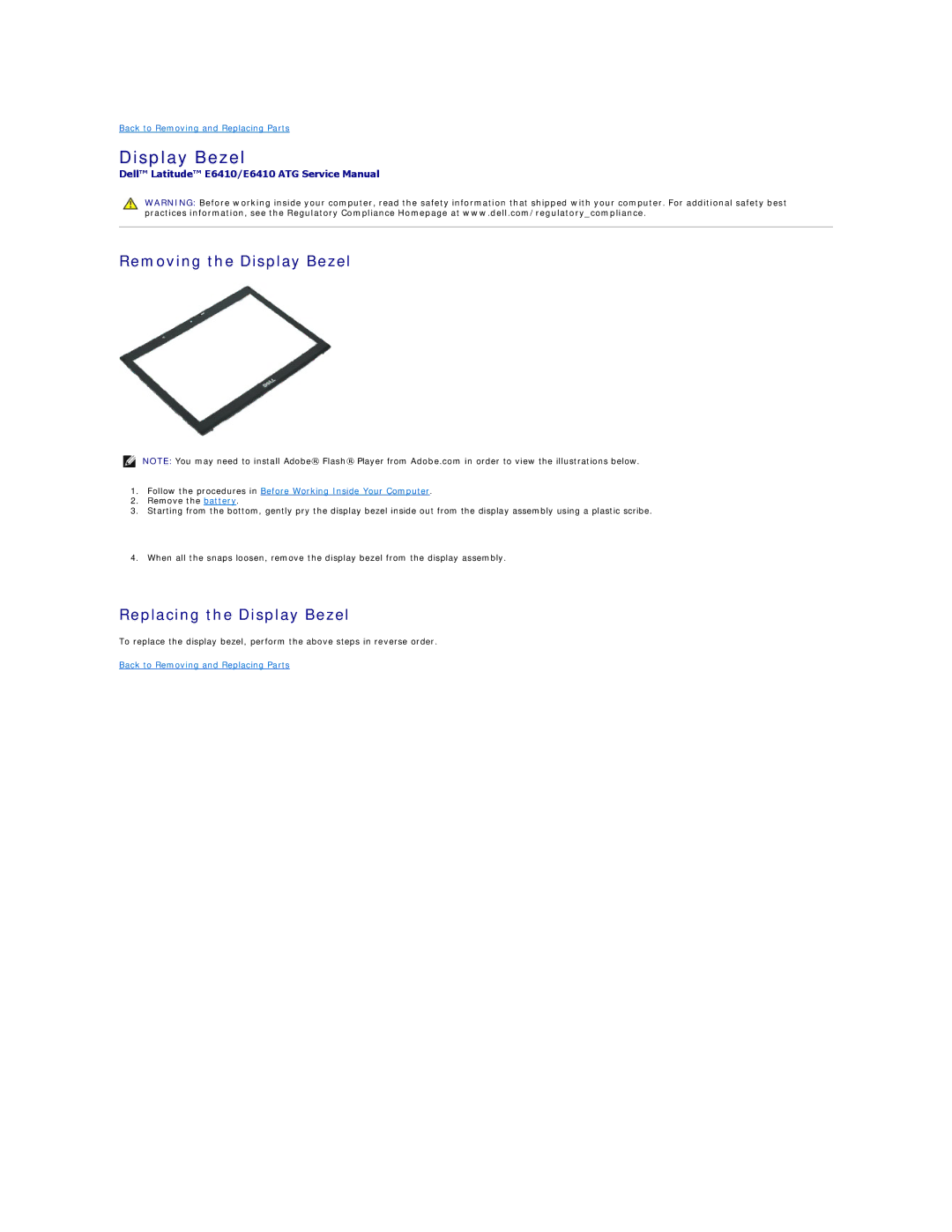 Dell E6410ATG specifications Removing the Display Bezel, Replacing the Display Bezel 