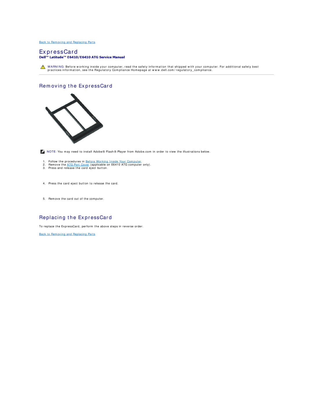 Dell E6410ATG specifications Removing the ExpressCard, Replacing the ExpressCard 