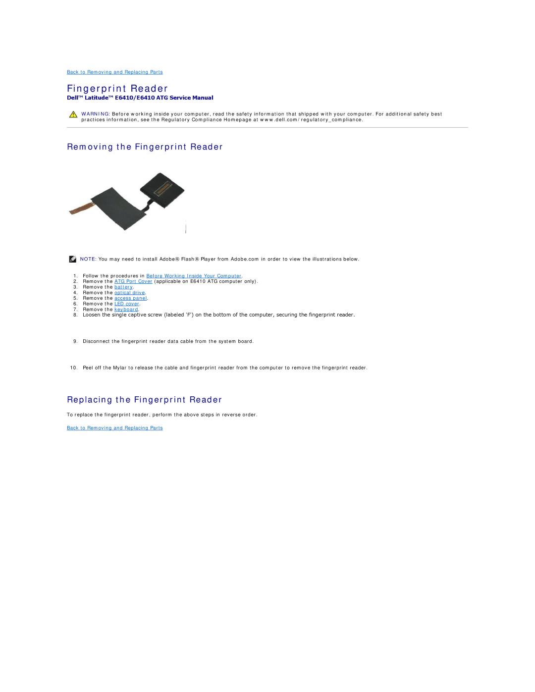 Dell E6410ATG specifications Removing the Fingerprint Reader, Replacing the Fingerprint Reader 