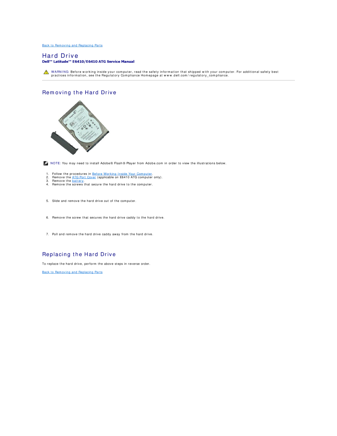 Dell E6410ATG specifications Removing the Hard Drive, Replacing the Hard Drive 