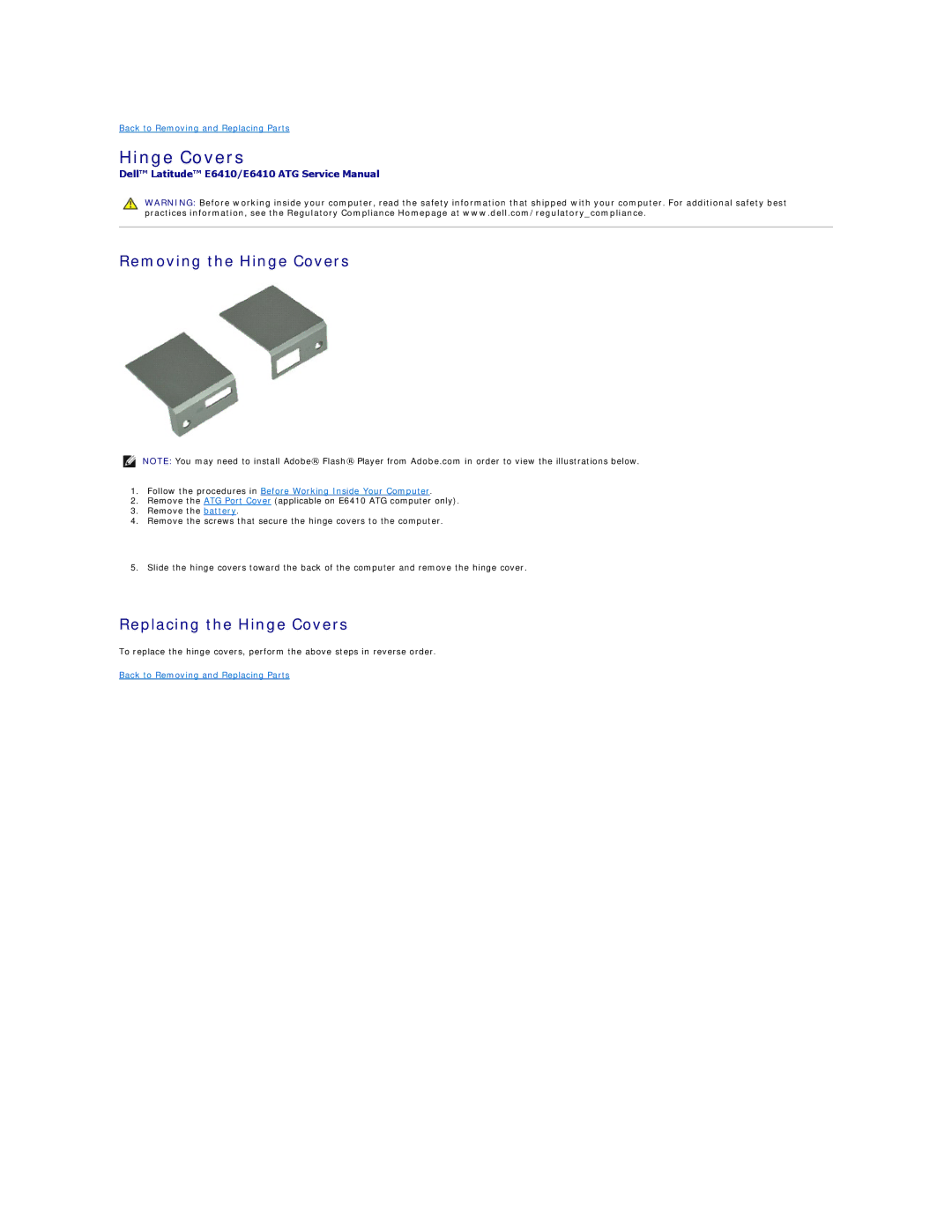 Dell E6410ATG specifications Removing the Hinge Covers, Replacing the Hinge Covers 