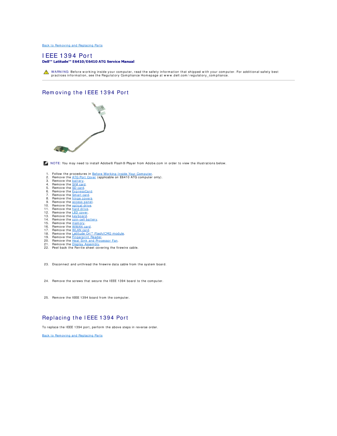 Dell E6410ATG specifications Removing the Ieee 1394 Port, Replacing the Ieee 1394 Port 