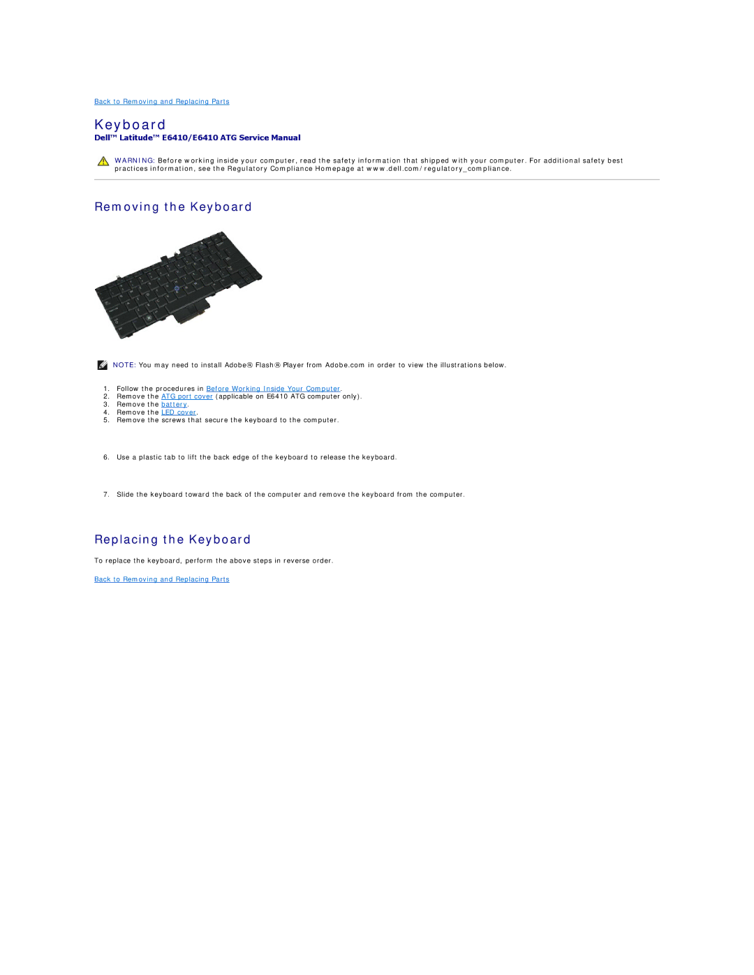 Dell E6410ATG specifications Removing the Keyboard, Replacing the Keyboard 