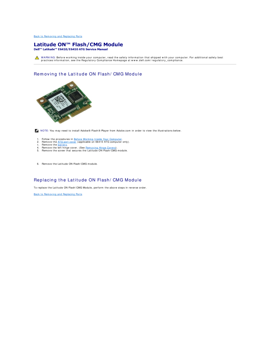 Dell E6410ATG specifications Removing the Latitude on Flash/CMG Module, Replacing the Latitude on Flash/CMG Module 