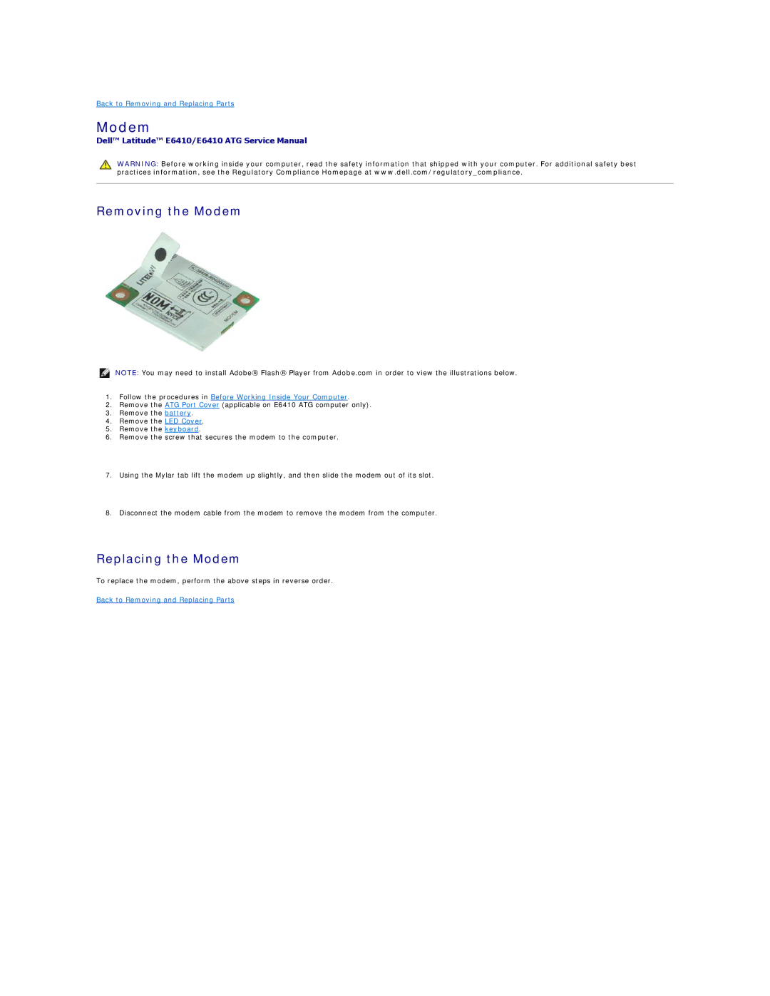 Dell E6410ATG specifications Removing the Modem, Replacing the Modem 