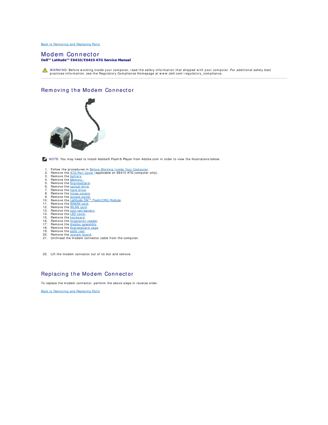 Dell E6410ATG specifications Removing the Modem Connector, Replacing the Modem Connector 