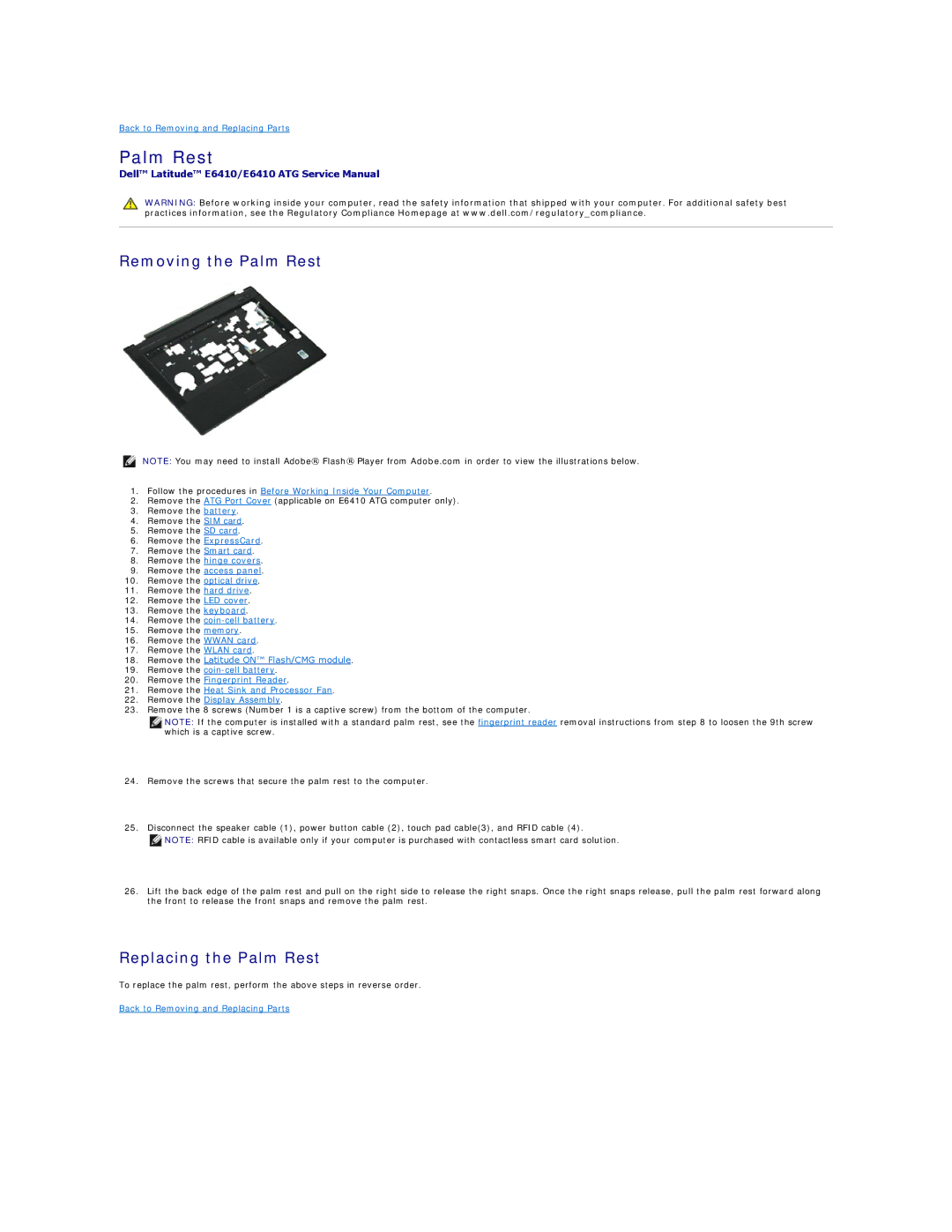 Dell E6410ATG specifications Removing the Palm Rest, Replacing the Palm Rest 