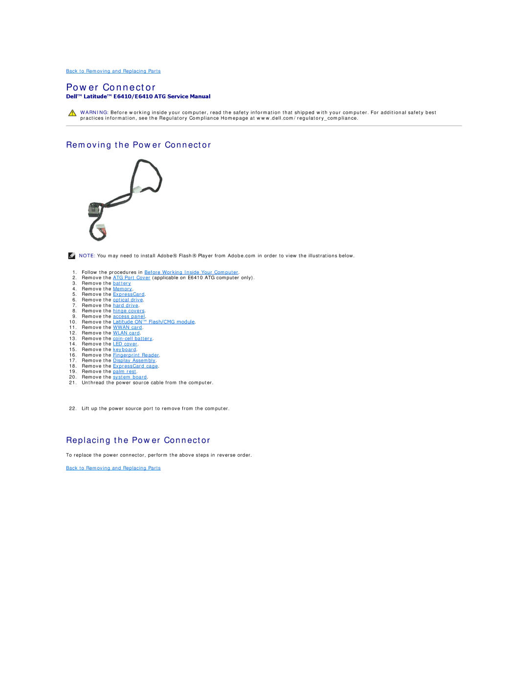 Dell E6410ATG specifications Removing the Power Connector, Replacing the Power Connector 