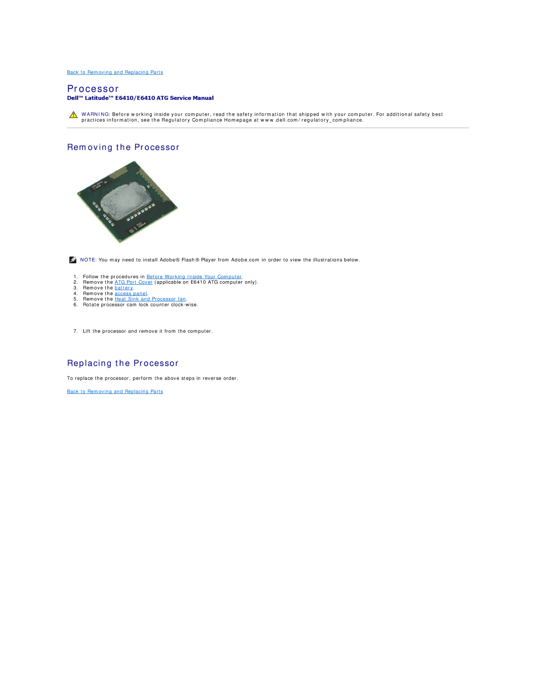 Dell E6410ATG specifications Removing the Processor, Replacing the Processor 