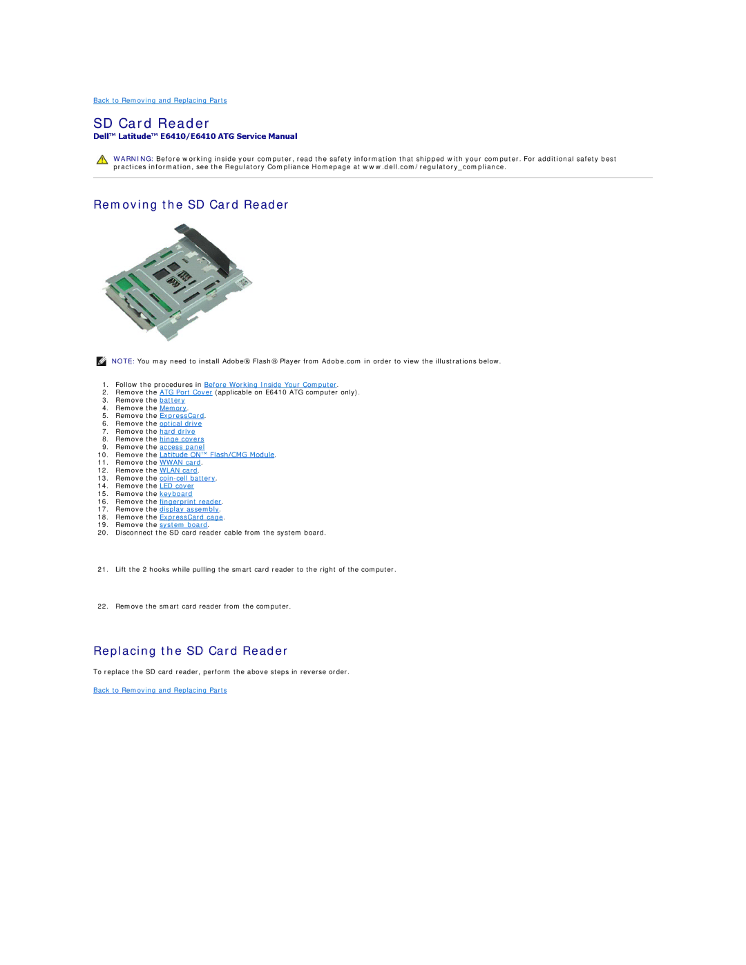 Dell E6410ATG specifications Removing the SD Card Reader, Replacing the SD Card Reader 