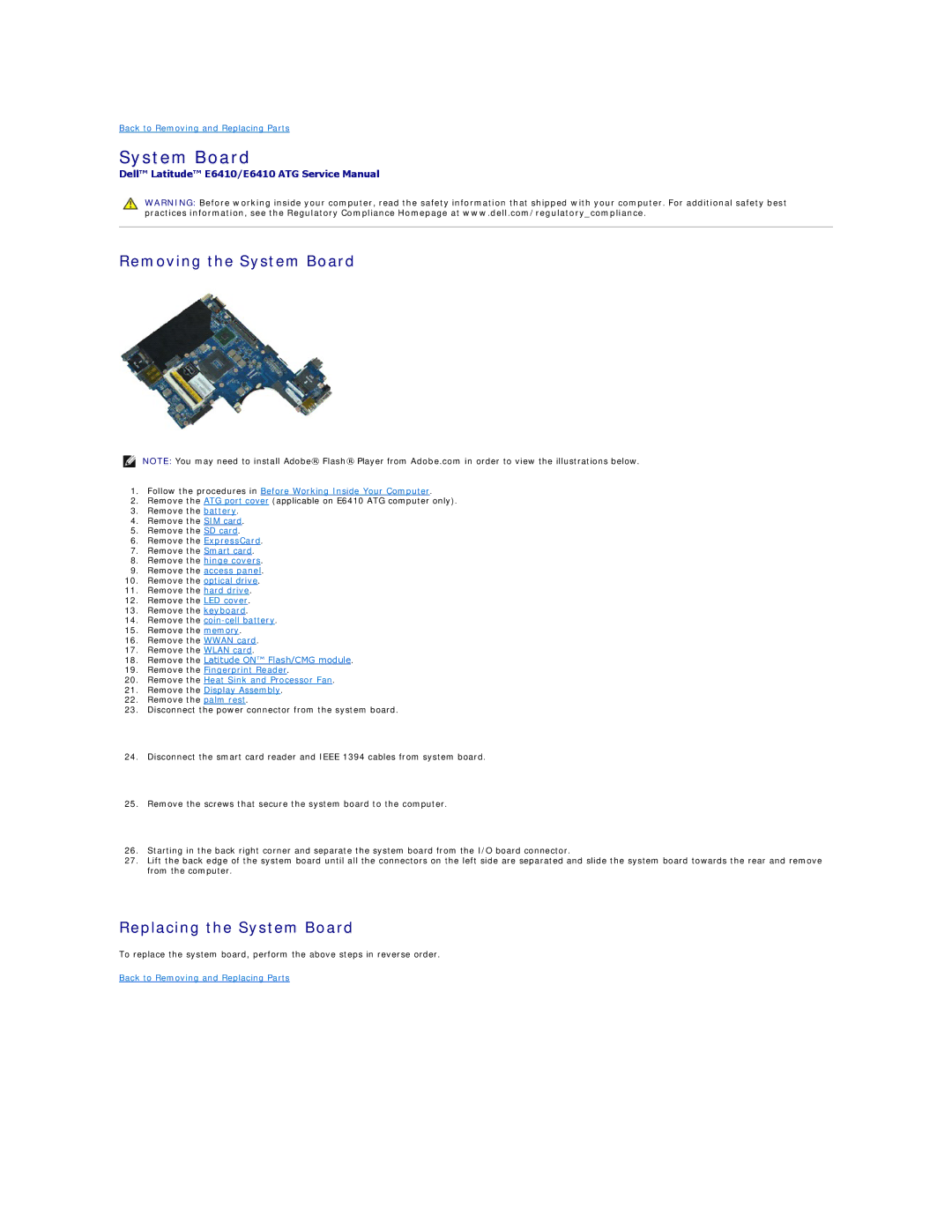 Dell E6410ATG specifications Removing the System Board, Replacing the System Board 