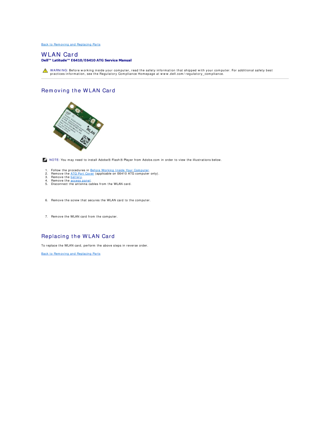 Dell E6410ATG specifications Removing the Wlan Card, Replacing the Wlan Card 