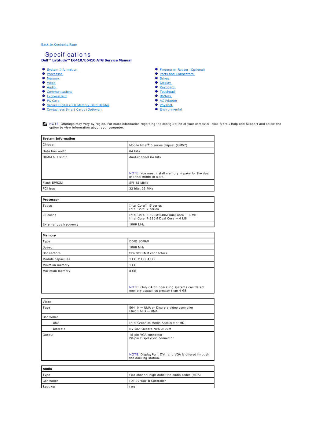 Dell E6410ATG specifications Specifications, Processor, Memory, Video, Audio 