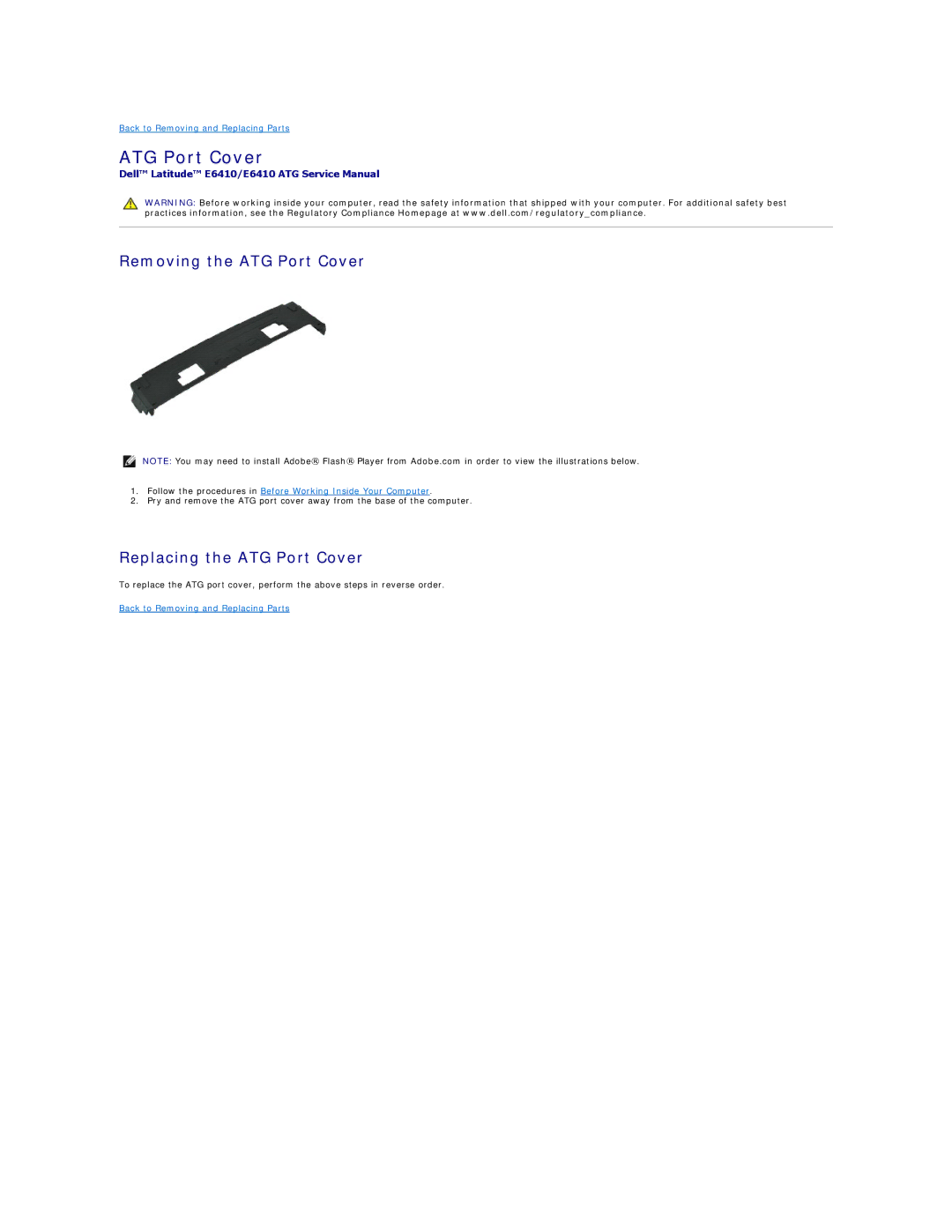 Dell E6410ATG specifications Removing the ATG Port Cover, Replacing the ATG Port Cover 
