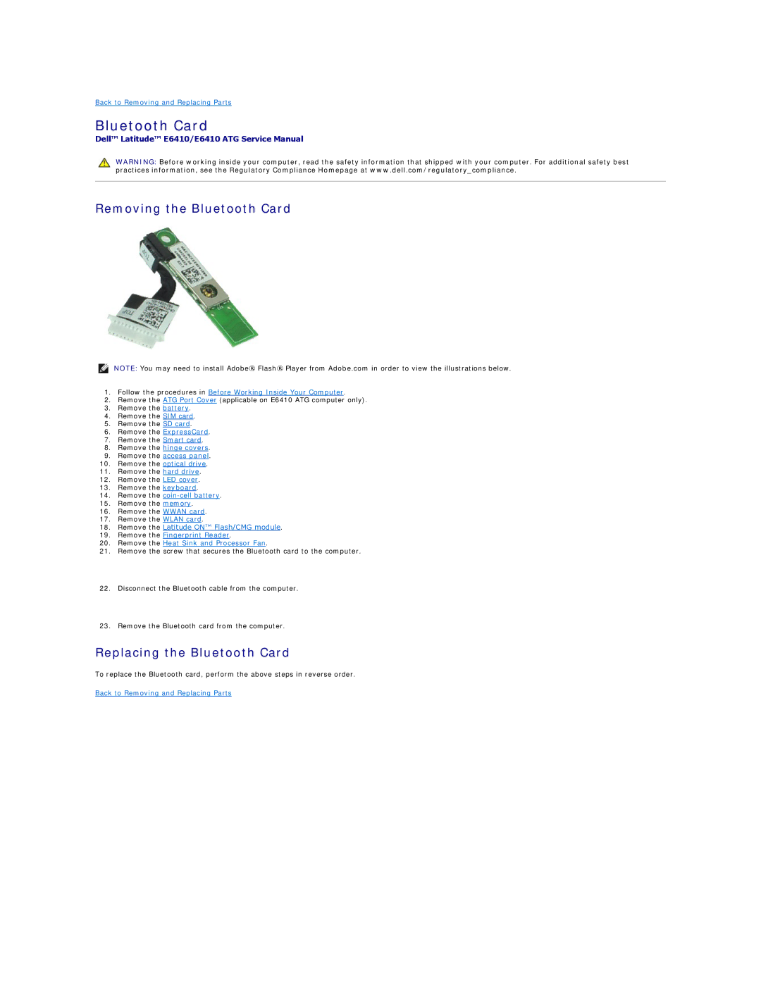 Dell E6410ATG specifications Removing the Bluetooth Card, Replacing the Bluetooth Card 