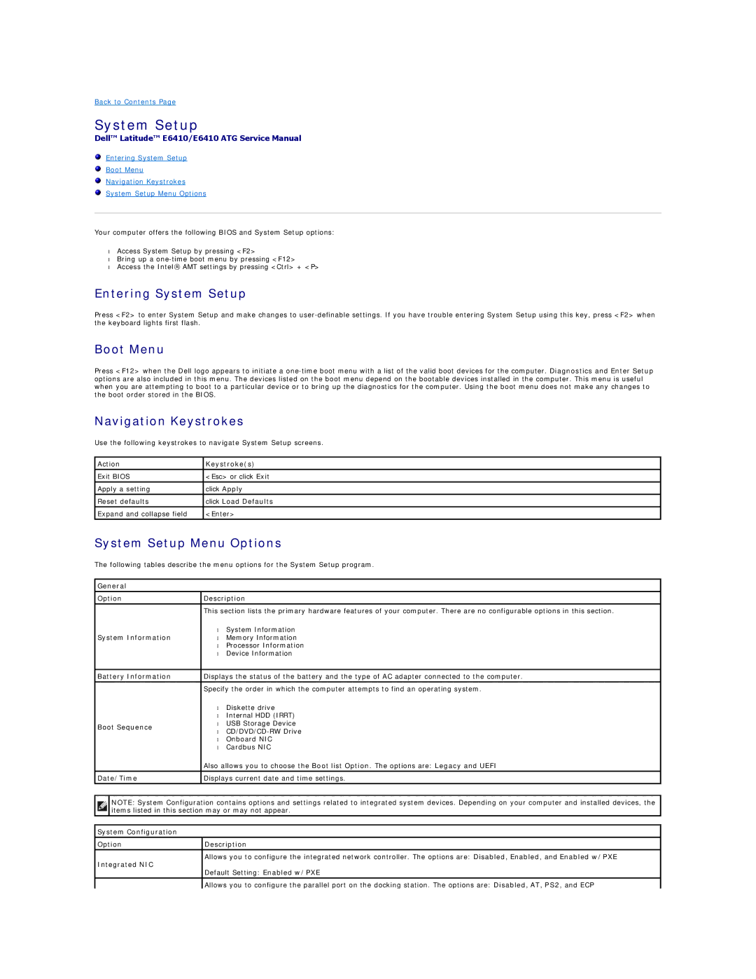 Dell E6410ATG specifications Entering System Setup, Boot Menu, Navigation Keystrokes, System Setup Menu Options 