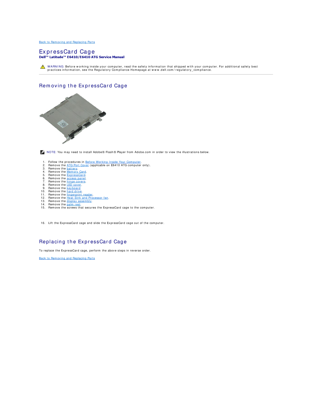 Dell E6410ATG specifications Removing the ExpressCard Cage, Replacing the ExpressCard Cage 