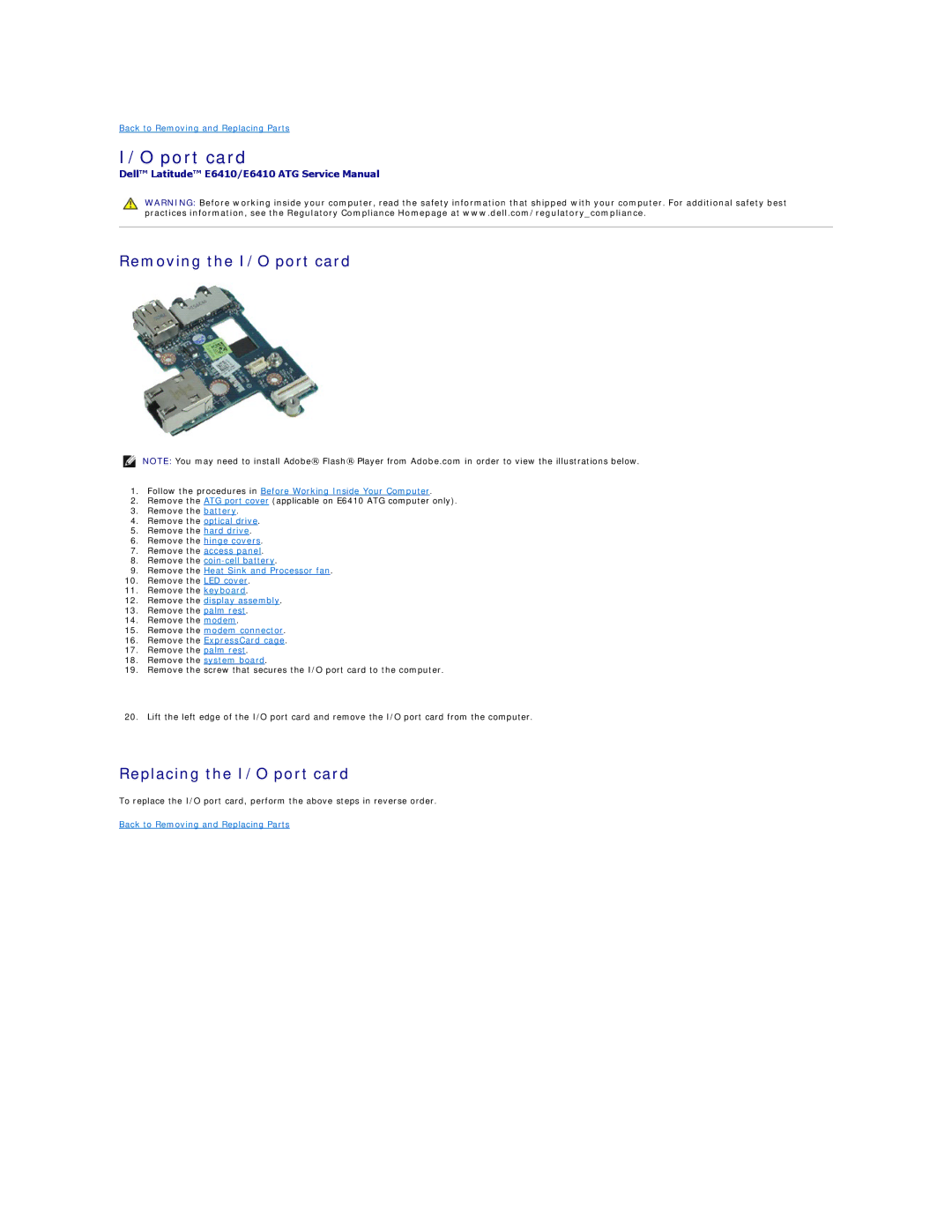 Dell E6410ATG specifications Port card, Removing the I/O port card, Replacing the I/O port card 