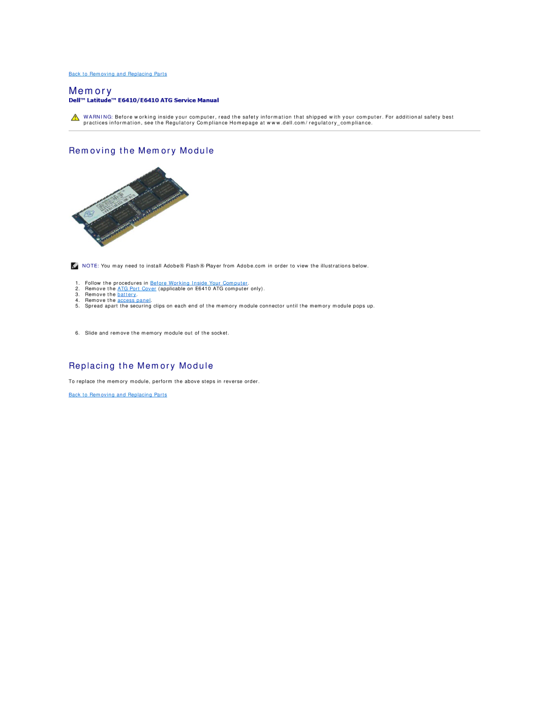 Dell E6410ATG specifications Removing the Memory Module, Replacing the Memory Module 