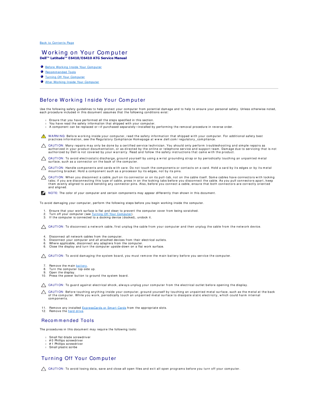 Dell E6410ATG specifications Working on Your Computer, Before Working Inside Your Computer, Turning Off Your Computer 