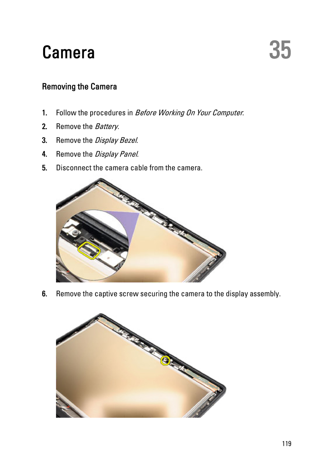 Dell E6420 owner manual Camera35, Removing the Camera 