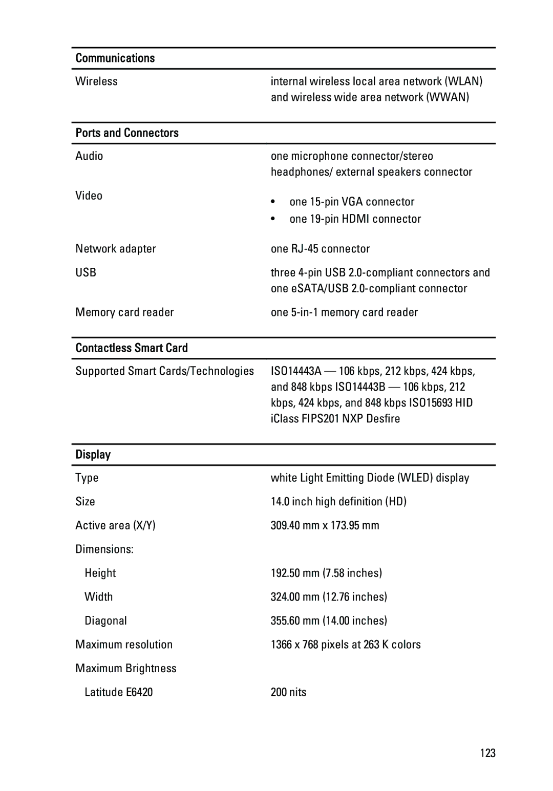 Dell E6420 owner manual Ports and Connectors, Contactless Smart Card, Display 