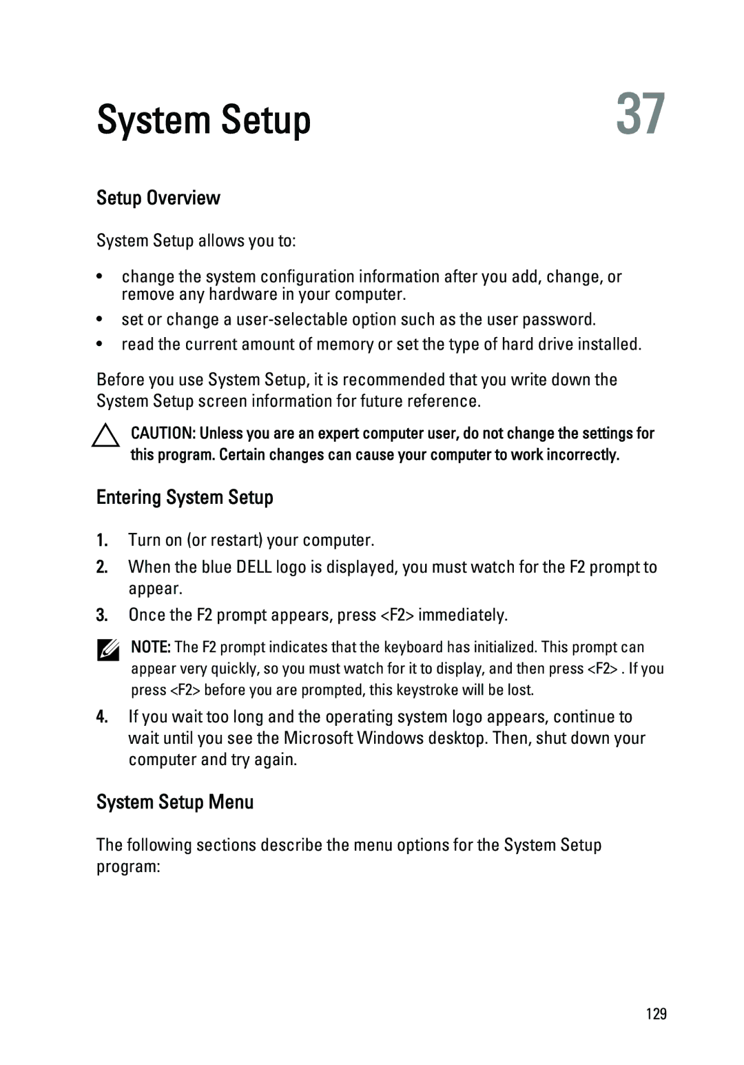 Dell E6420 owner manual Setup Overview, Entering System Setup, System Setup Menu 