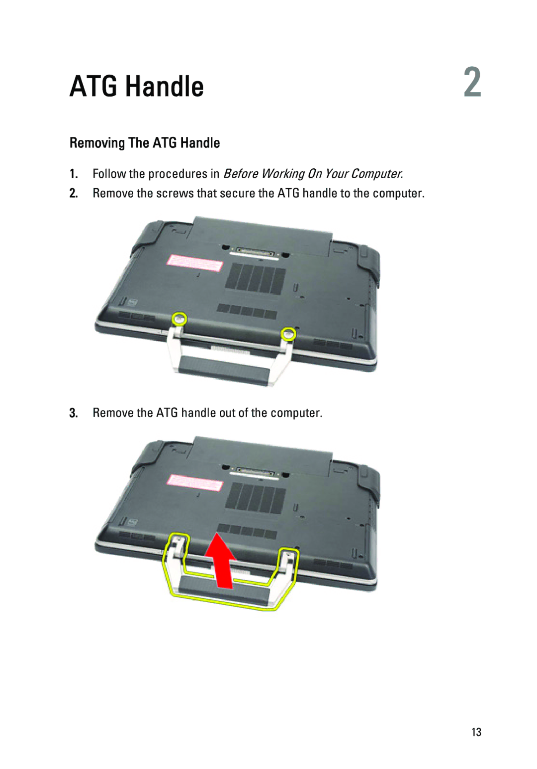 Dell E6420 owner manual Removing The ATG Handle, Follow the procedures in Before Working On Your Computer 