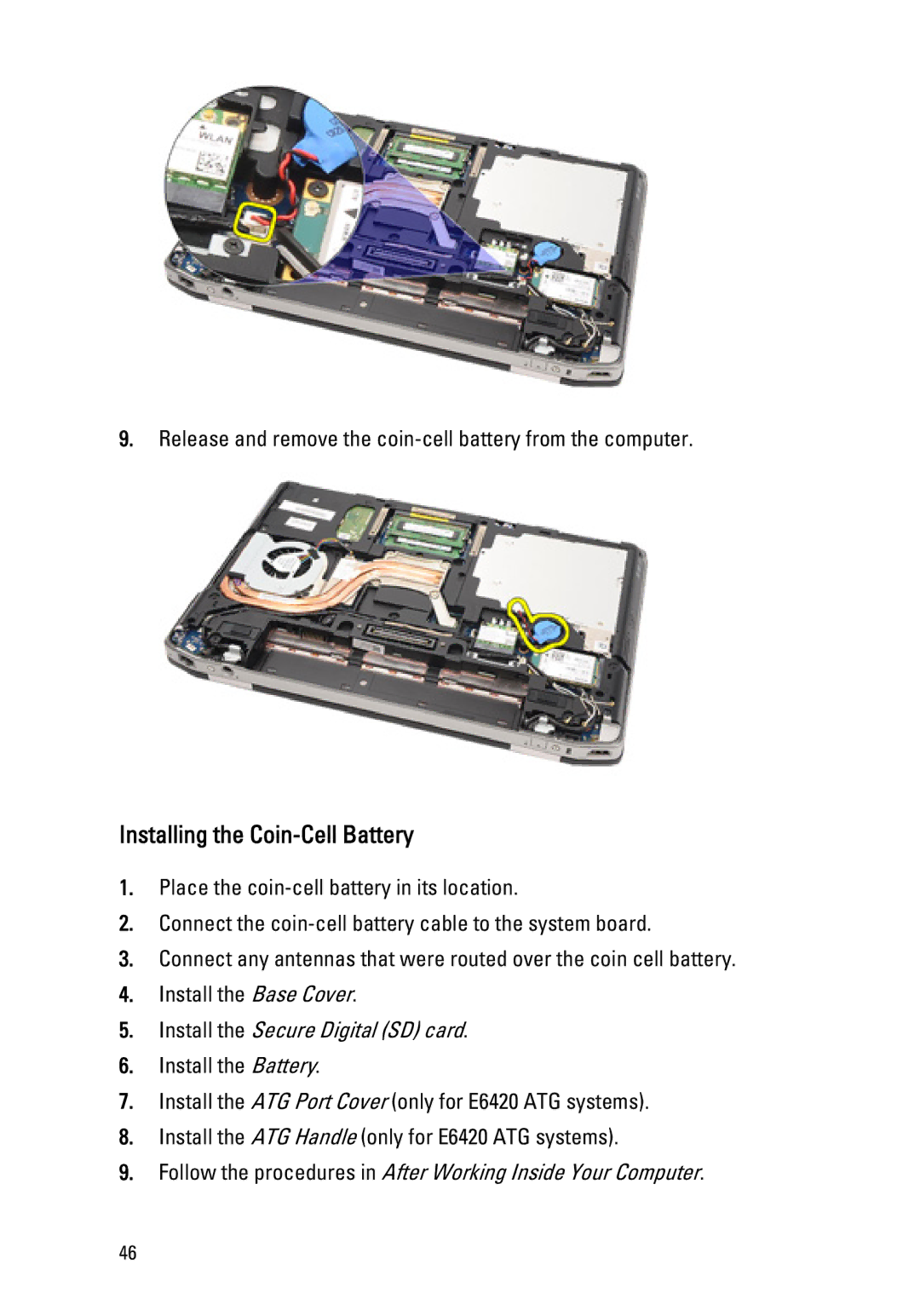 Dell E6420 owner manual Installing the Coin-Cell Battery, Install the Secure Digital SD card 