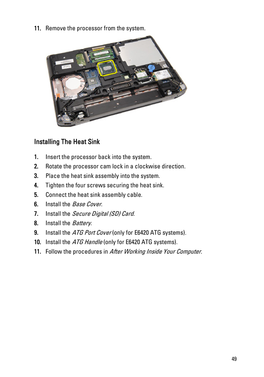 Dell E6420 owner manual Installing The Heat Sink, Install the Secure Digital SD Card 