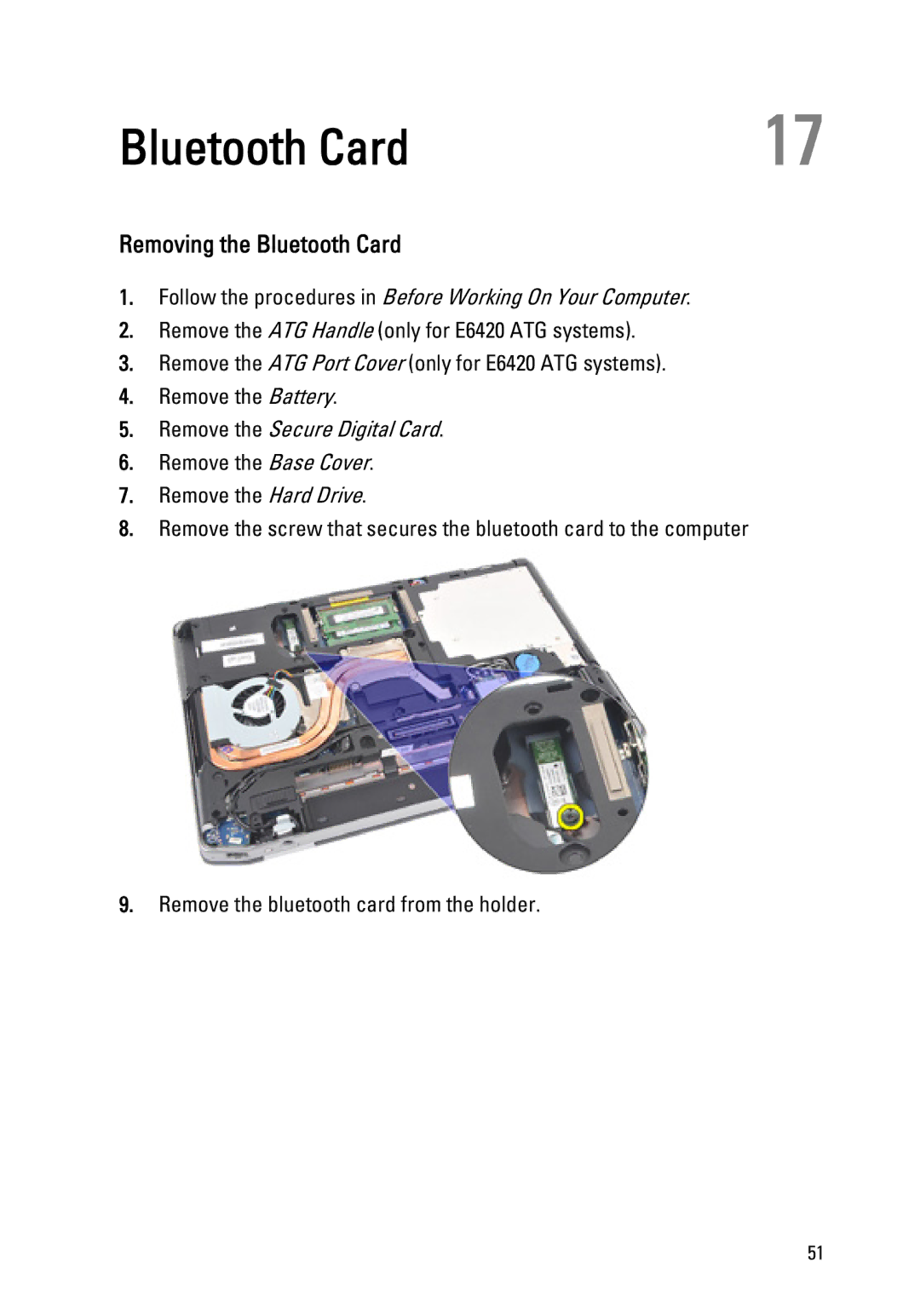 Dell E6420 owner manual Removing the Bluetooth Card, Remove the Secure Digital Card 