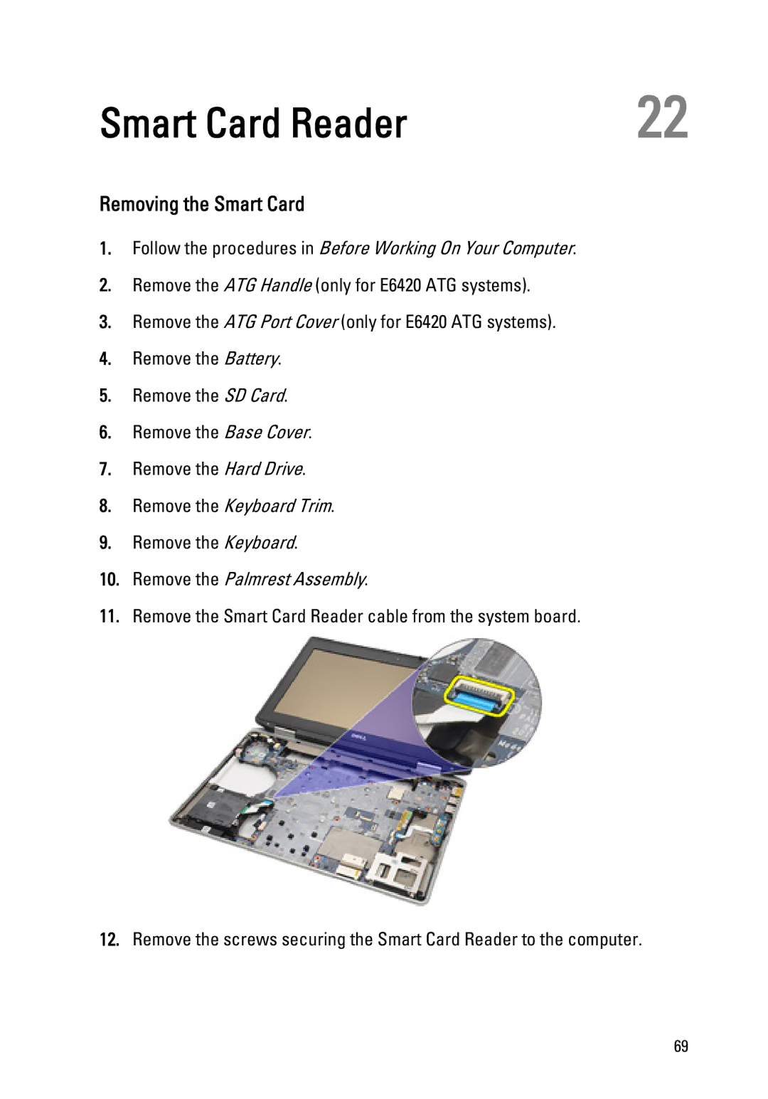 Dell E6420 owner manual Smart Card Reader, Removing the Smart Card, Remove the Palmrest Assembly 