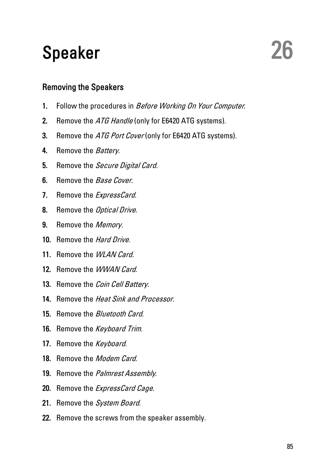 Dell E6420 owner manual Speaker26, Removing the Speakers 