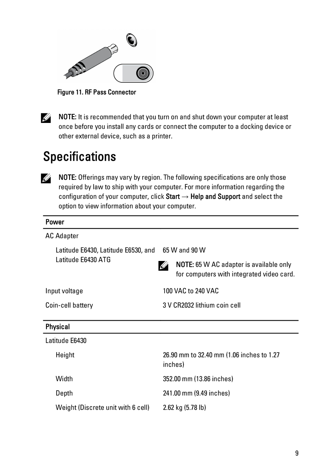 Dell E6430 ATG, E6530 manual Specifications, Power 