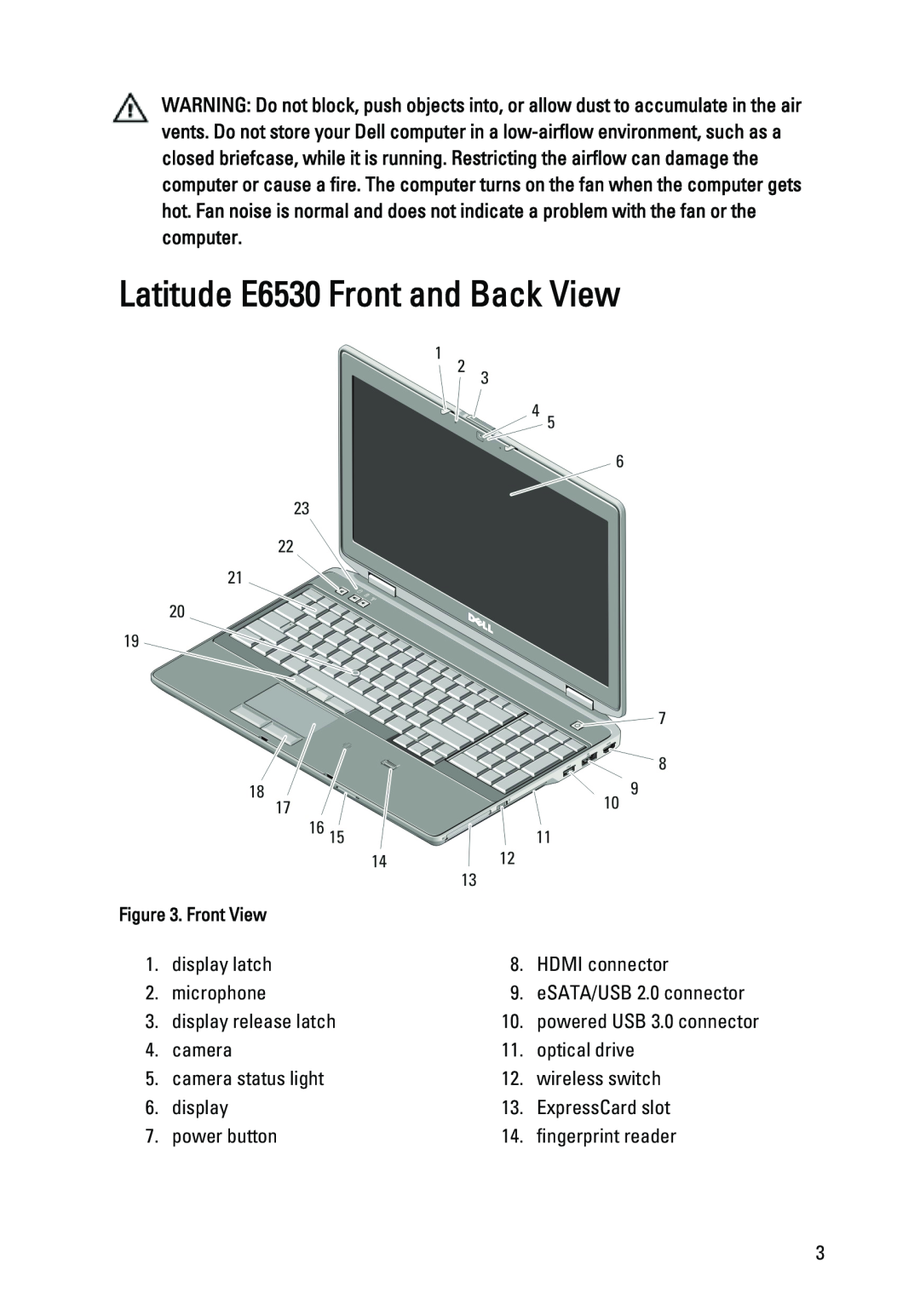 Dell E6430 manual Latitude E6530 Front and Back View 