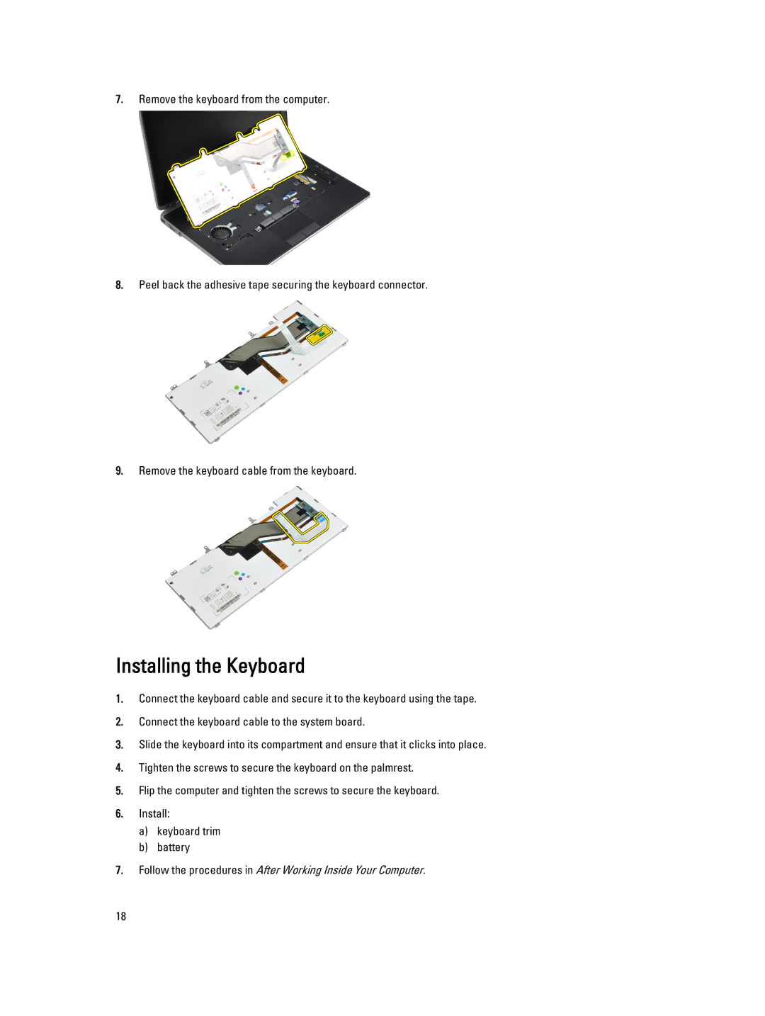 Dell E6430 owner manual Installing the Keyboard 