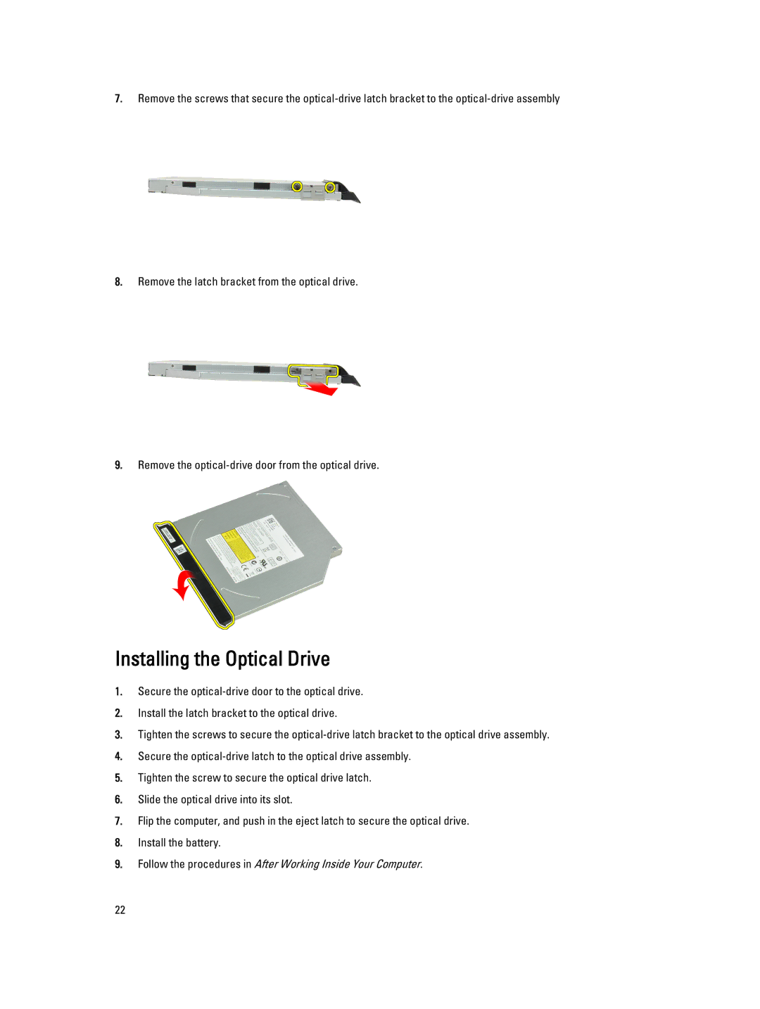 Dell E6430 owner manual Installing the Optical Drive 