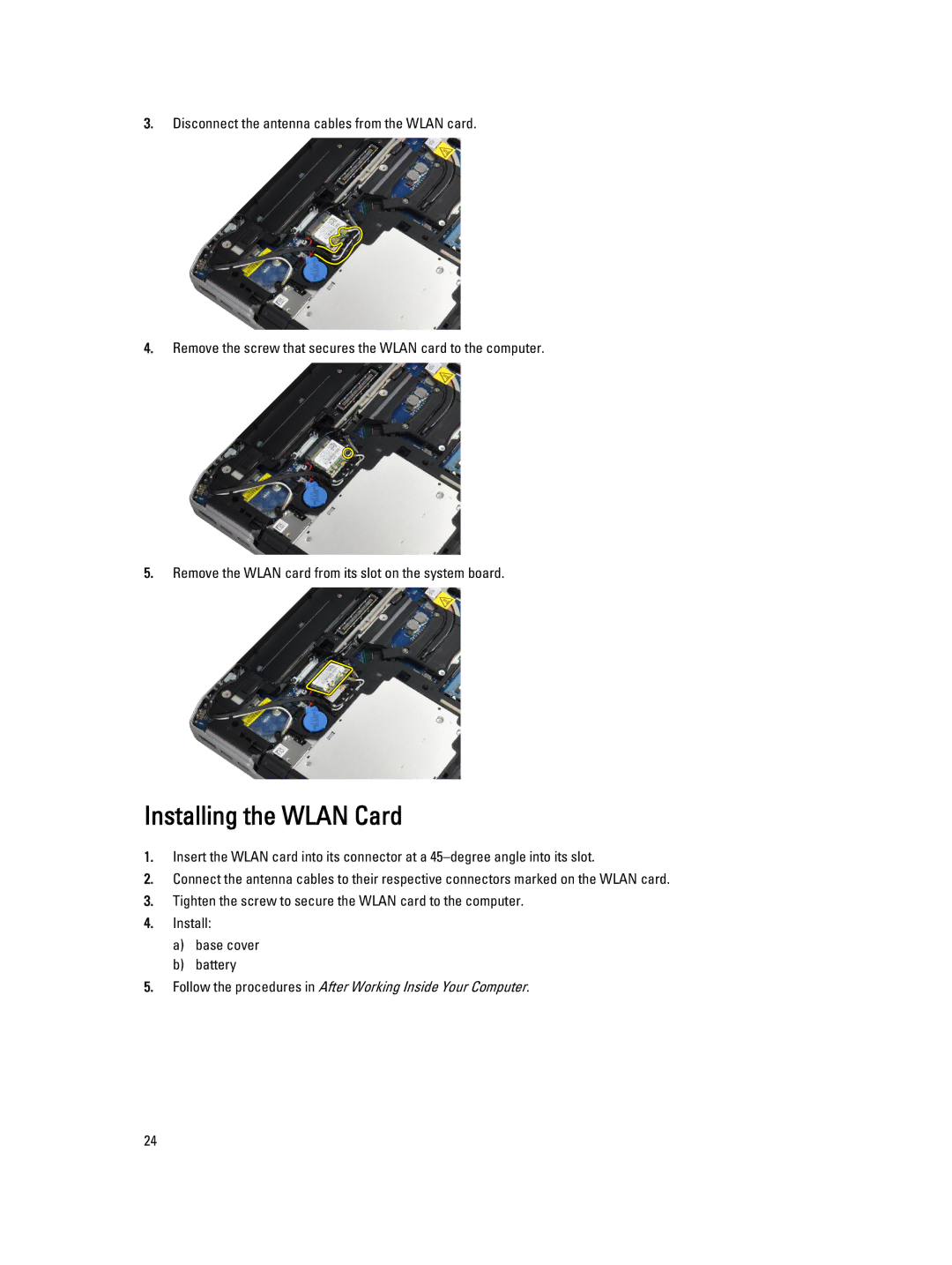 Dell E6430 owner manual Installing the Wlan Card 